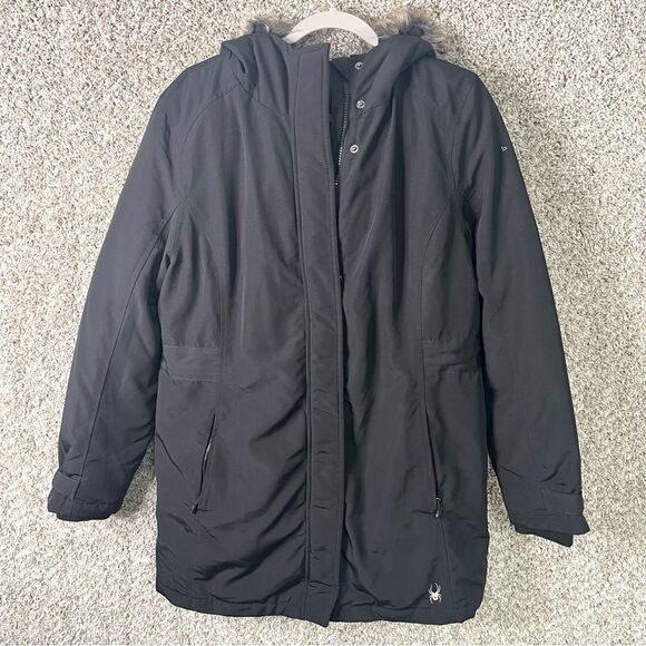 Spyder Coat Women’s Large Black Explorer Parka Zip Up Winter Hooded - Picture 1 of 10